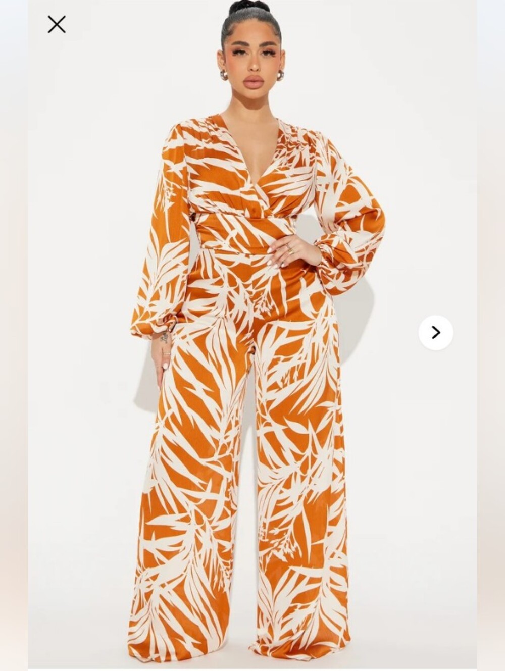 NWT Fashion Nova Vacay Desires Satin Effect Tropical Leaf Print Jumpsuit L